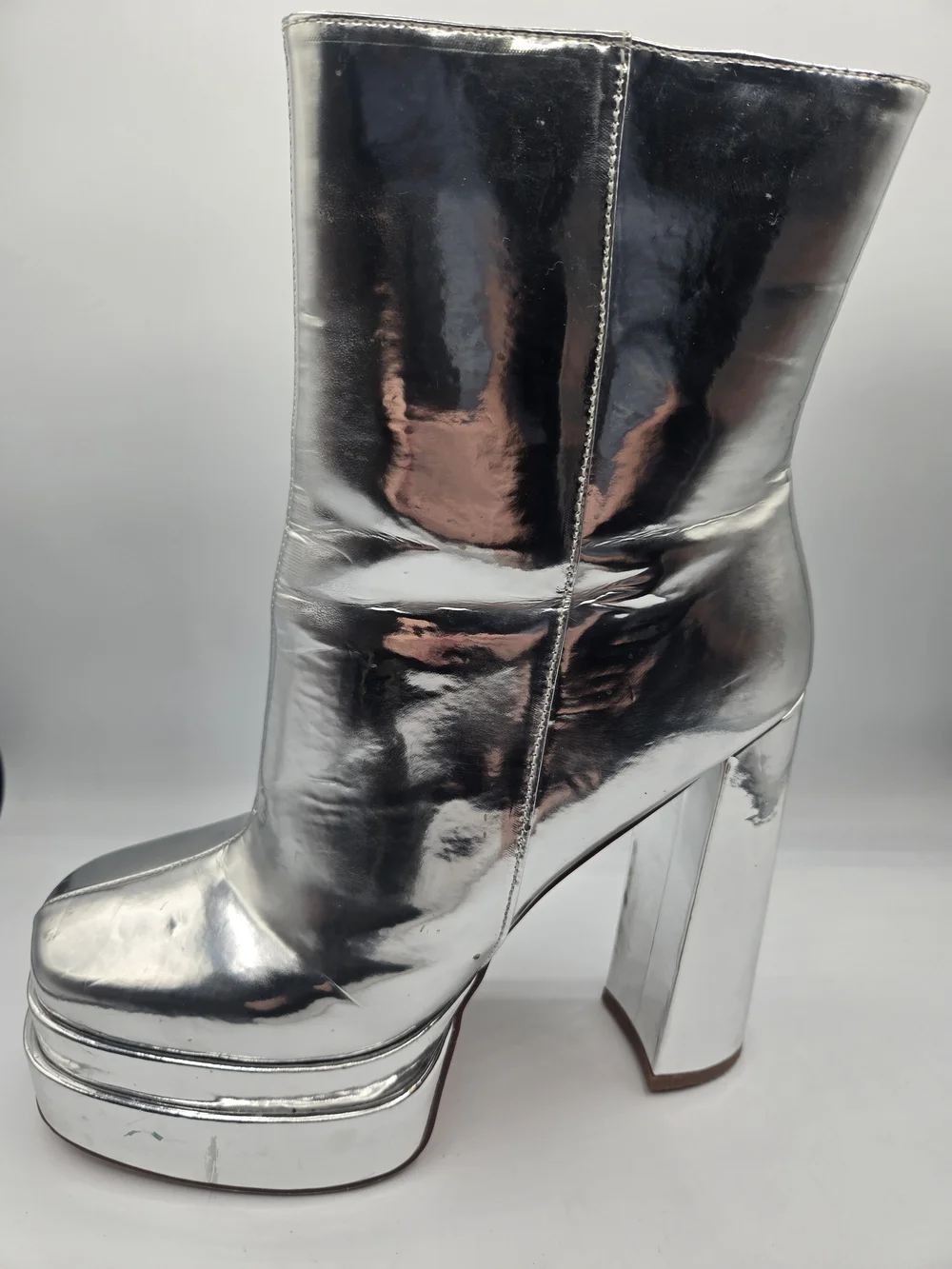 Azalea Wang Silver Mirror Platform Ankle Boots Disco GoGo Block Heel Size 8